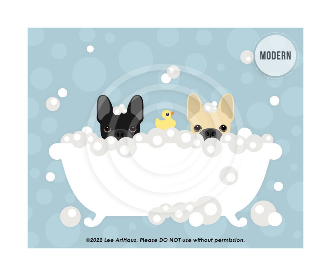 Two French Bulldogs Bubble Bath Clawfoot Tub Rubber Duck Poster