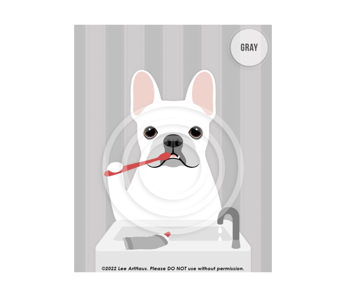 White French Bulldog Brushing Teeth At Sink Funny Dog Art Poster