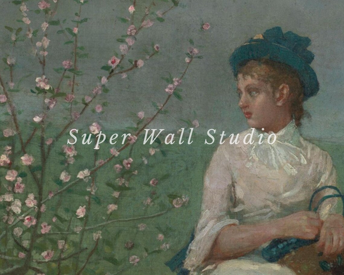 Peach Blossoms With Figure, Vintage Landscape Painting - Image 2