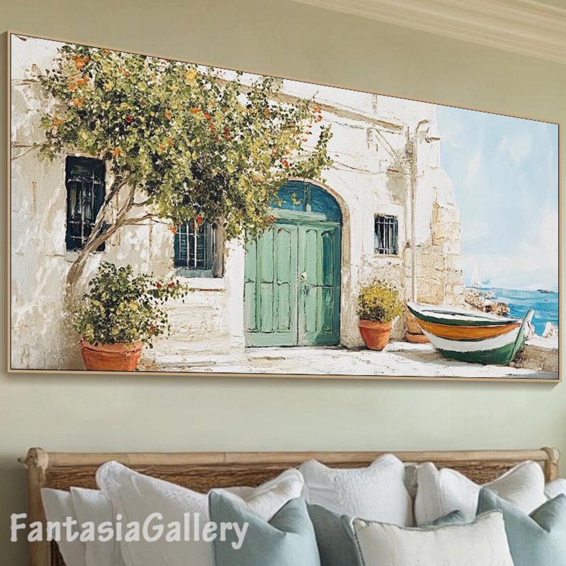 Mediterranean White House With Green Door And Orange Tree Wall Art