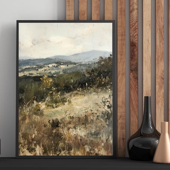 Moody Mountain Art Print Serene Landscape Painting Modern Farmhouse Dark Rustic Muted Earthy Tones Neutral Wall Art Airbnb Rental