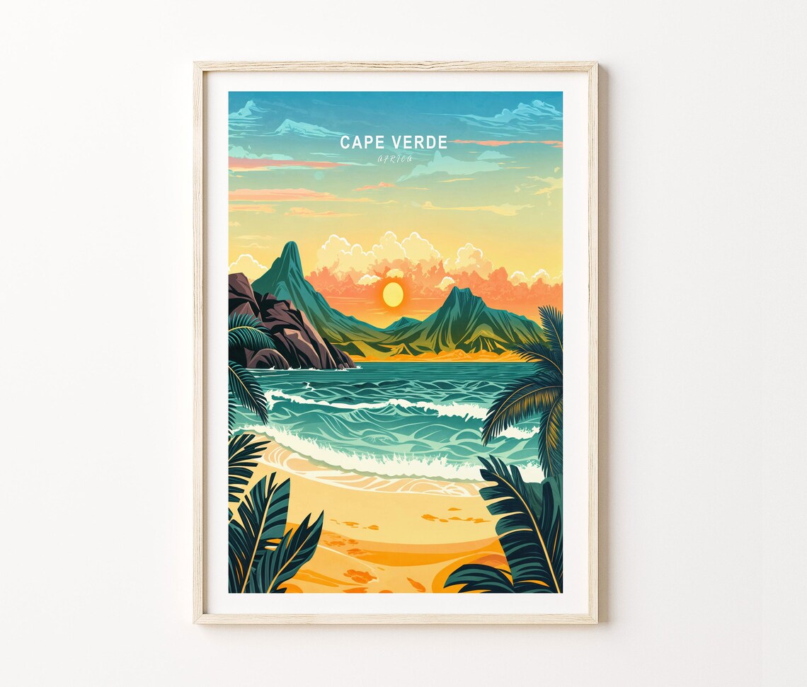 Cape Verde Africa Tropical Sunset Beach Palms Ocean Waves Bay Poster - Image 3