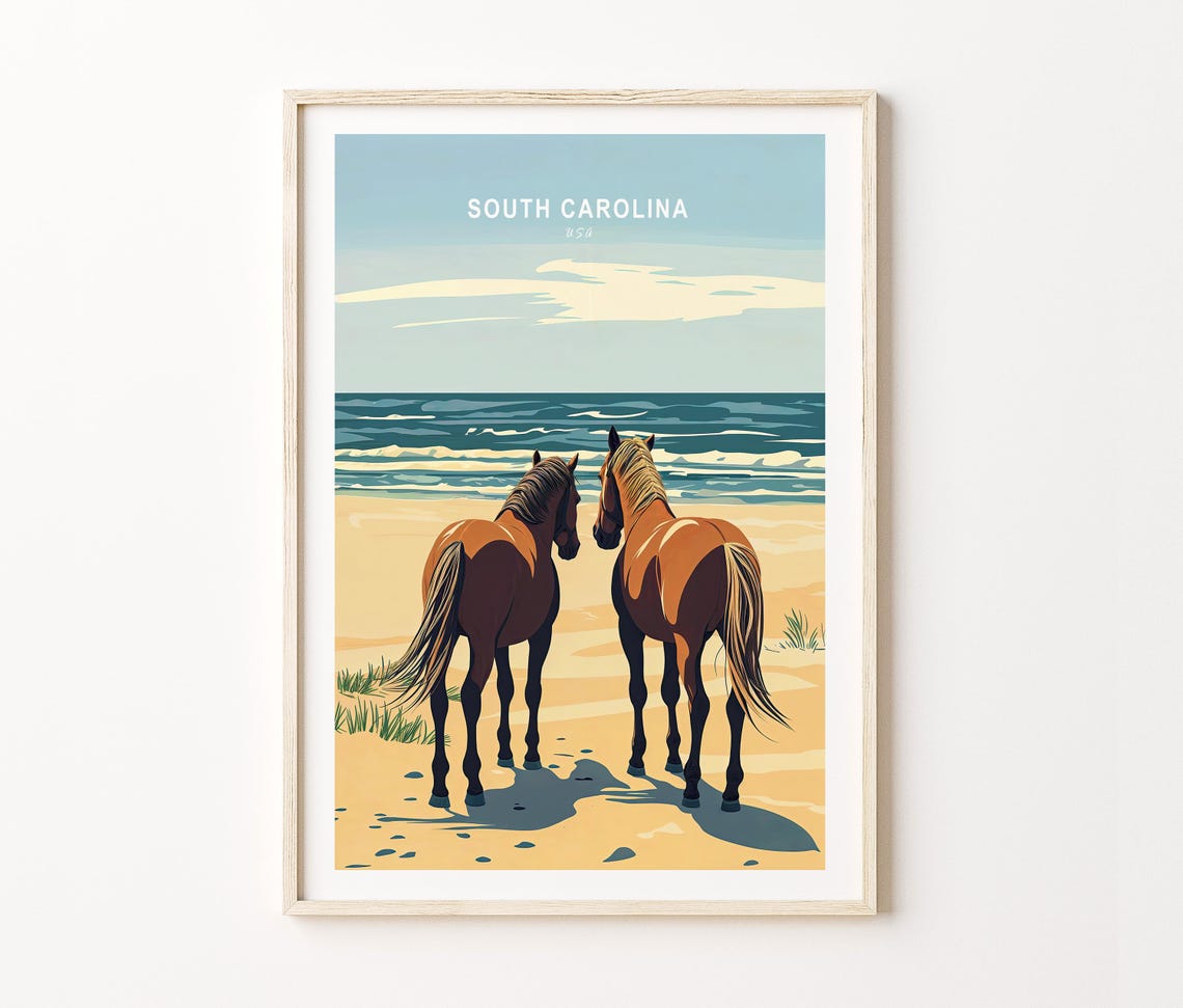 South Carolina USA Wild Beach Horses Sunrise Ocean Shore Poster - Image 3