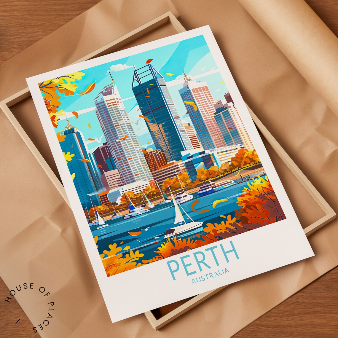 Perth Australia Autumn Skyline With Sailboats Golden Travel Poster - Image 2