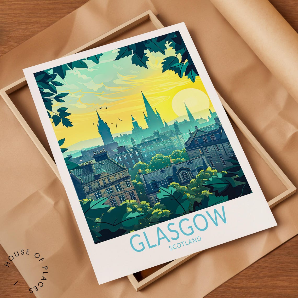 Glasgow Scotland Skyline at Sunset with Church Spires Travel Poster - Image 2