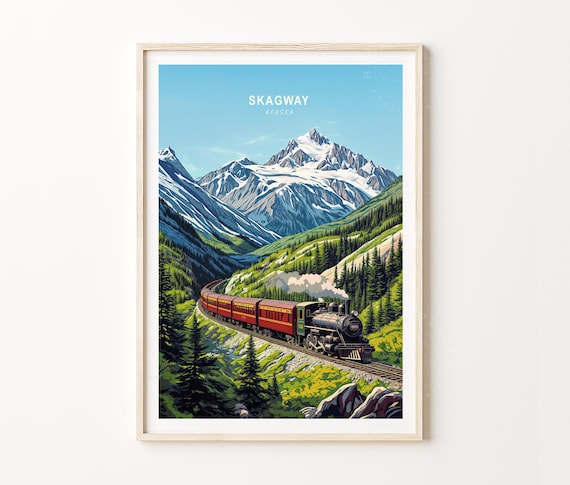 Skagway Alaska Railroad Steam Engine Glacier Peaks Travel Poster