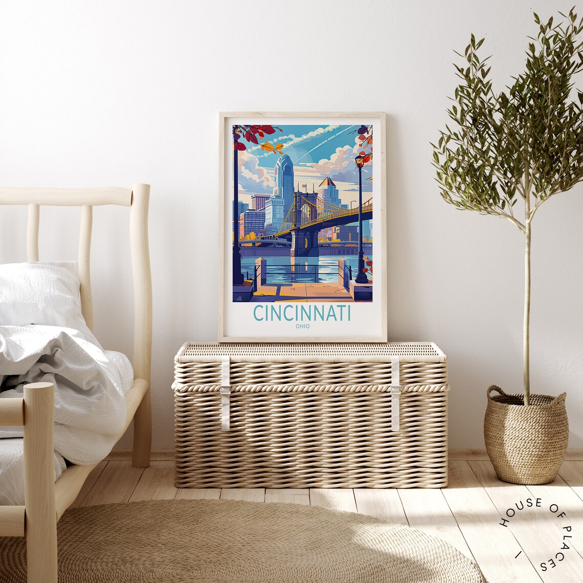 Cincinnati Ohio Roebling Bridge Autumn Retro Travel Art Poster - Image 3