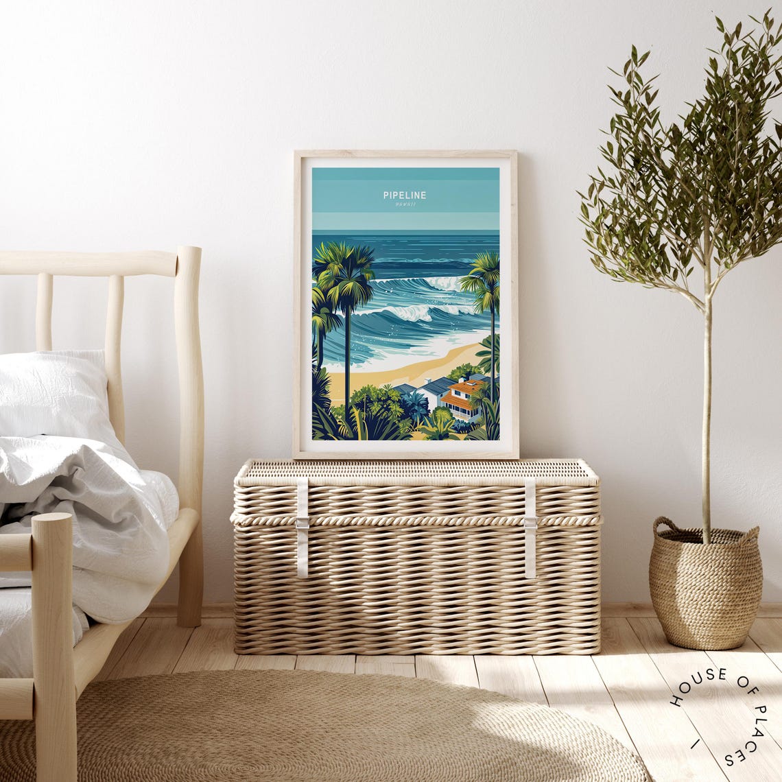 Pipeline Hawaii Turquoise Waves Sandy Beach Palm Tree Scene Poster - Image 2