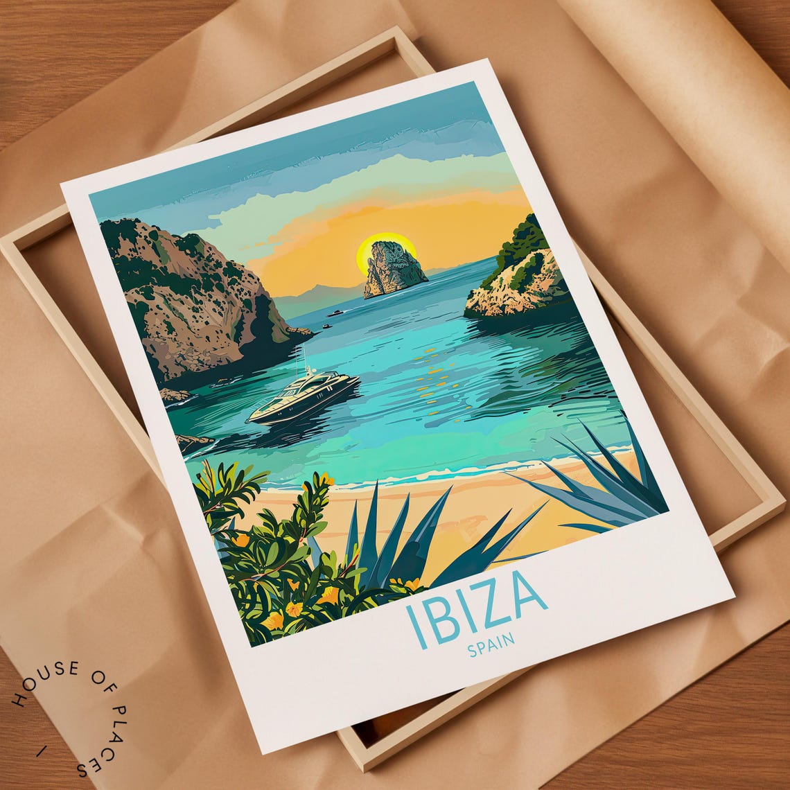 Ibiza Spain Golden Sunset Over a Turquoise Bay With a Yacht Poster - Image 2