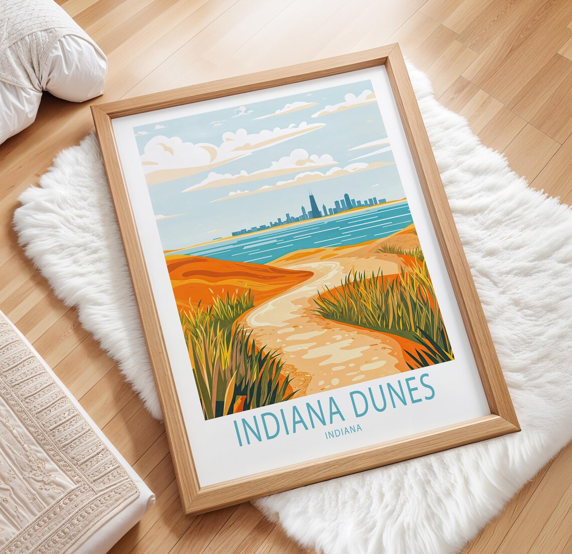 Indiana Dunes Indiana Dune Path and Chicago Skyline Over Lake Michigan Poster - Image 3