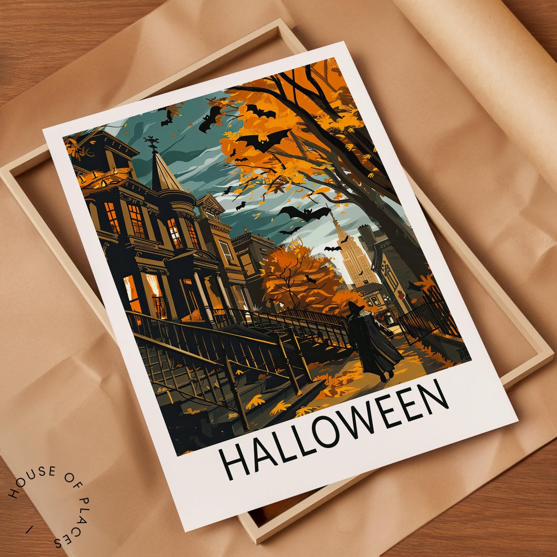 Spooky Halloween Night Haunted Street With Bats and a Witch Poster - Image 2