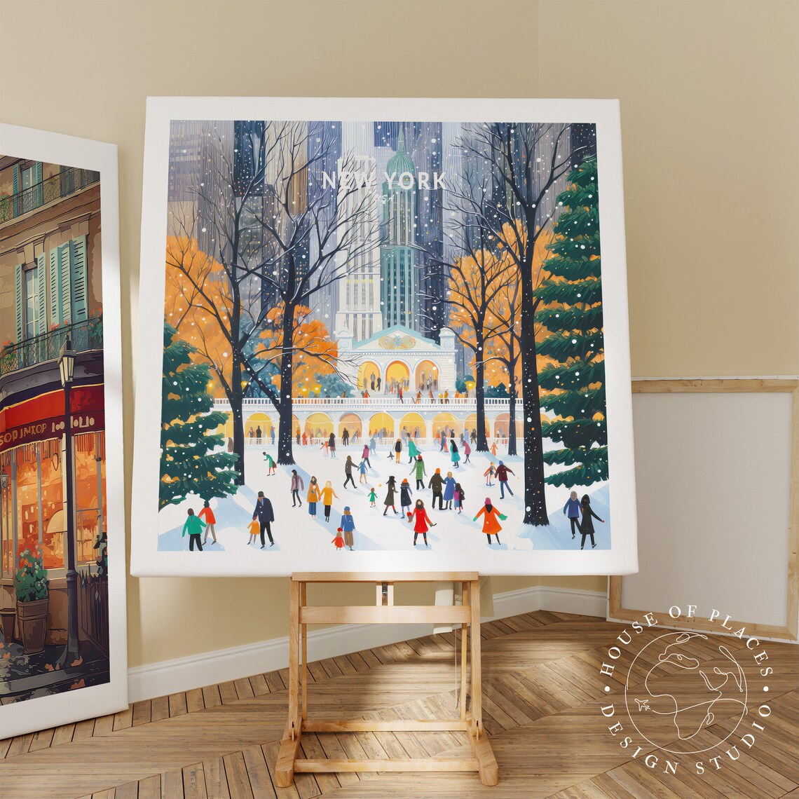 New York City Winter Ice Skating Snow Park Square Travel Poster - Image 2