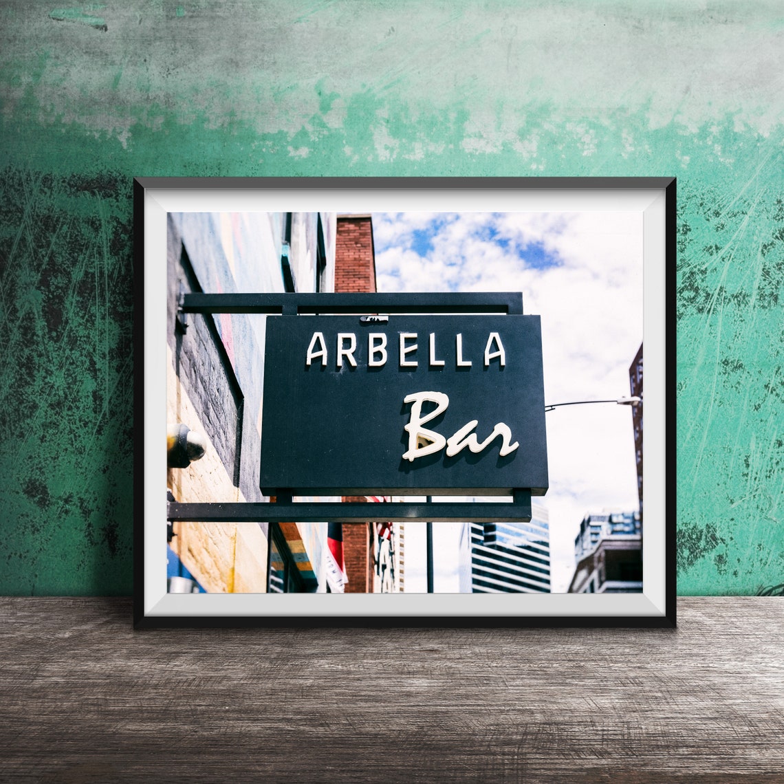 Arbella Bar Black Hanging Sign Blue Sky Cityscape Photography Poster