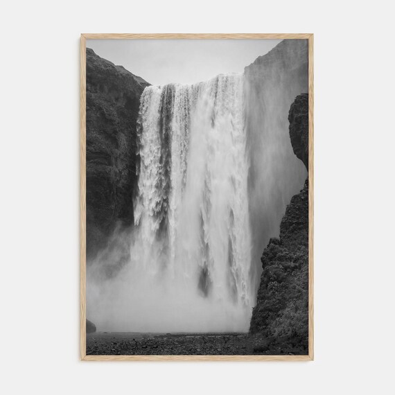 Waterfall Photography Art Print, Black and White