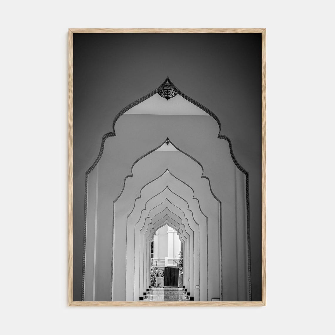 Black and White Moorish Arch Corridor with Perfect Symmetry Poster