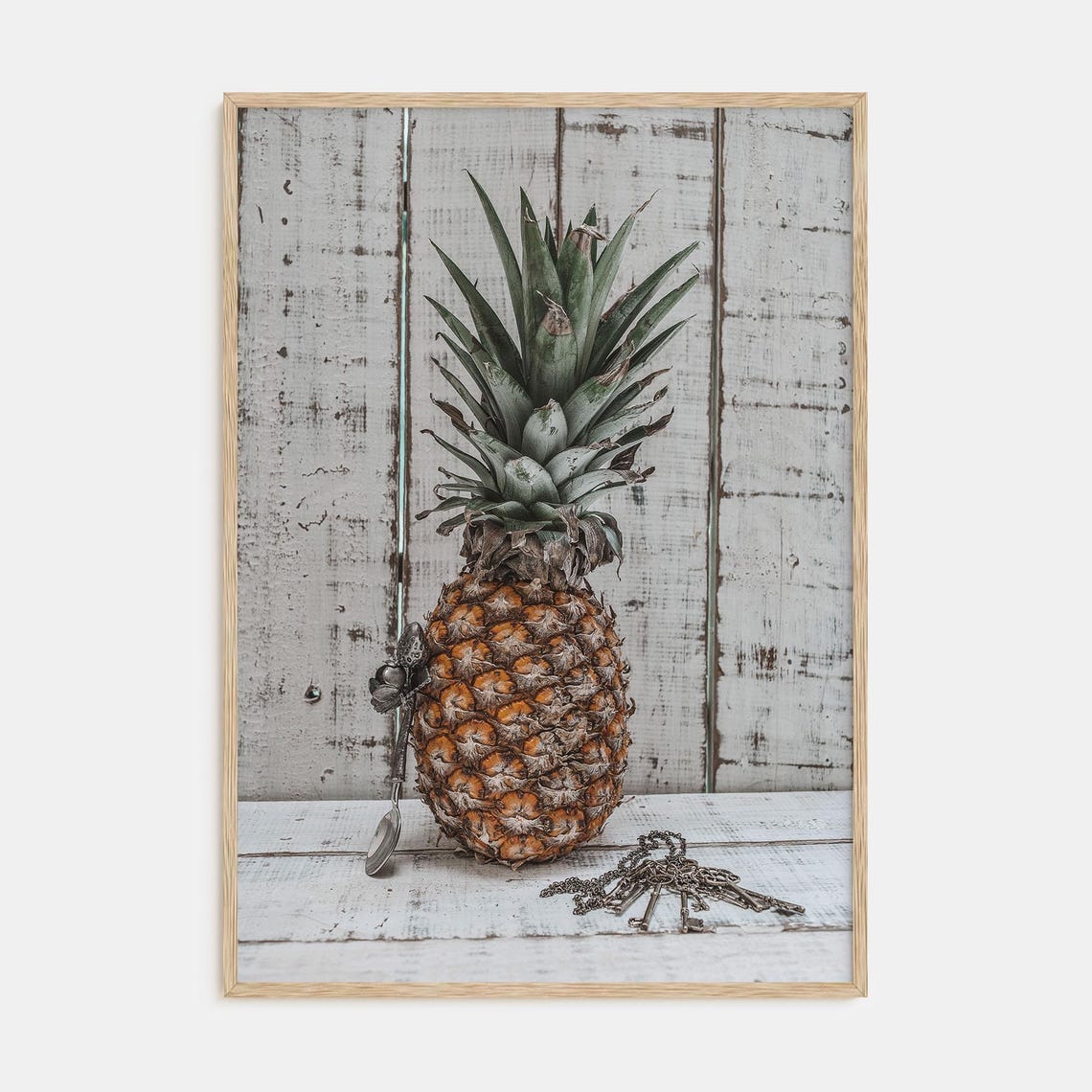Vintage Pineapple Still Life on Whitewashed Wooden Table Poster