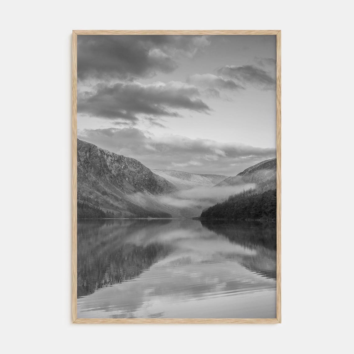 Foggy Mountain Lake Reflection Black and White Photography Poster