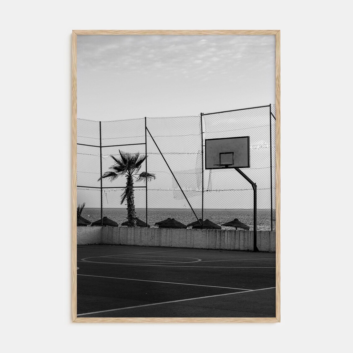 Beachside Basketball Court by the Sea Black and White Sports Poster