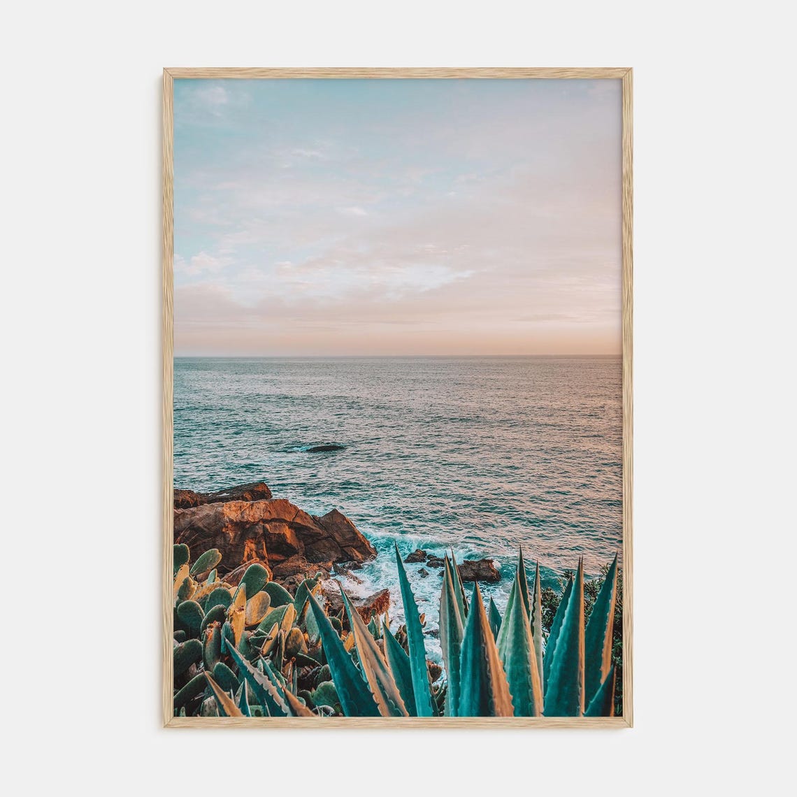 Rocky Coast Agave Plants Sunset Ocean View Botanical Travel Poster
