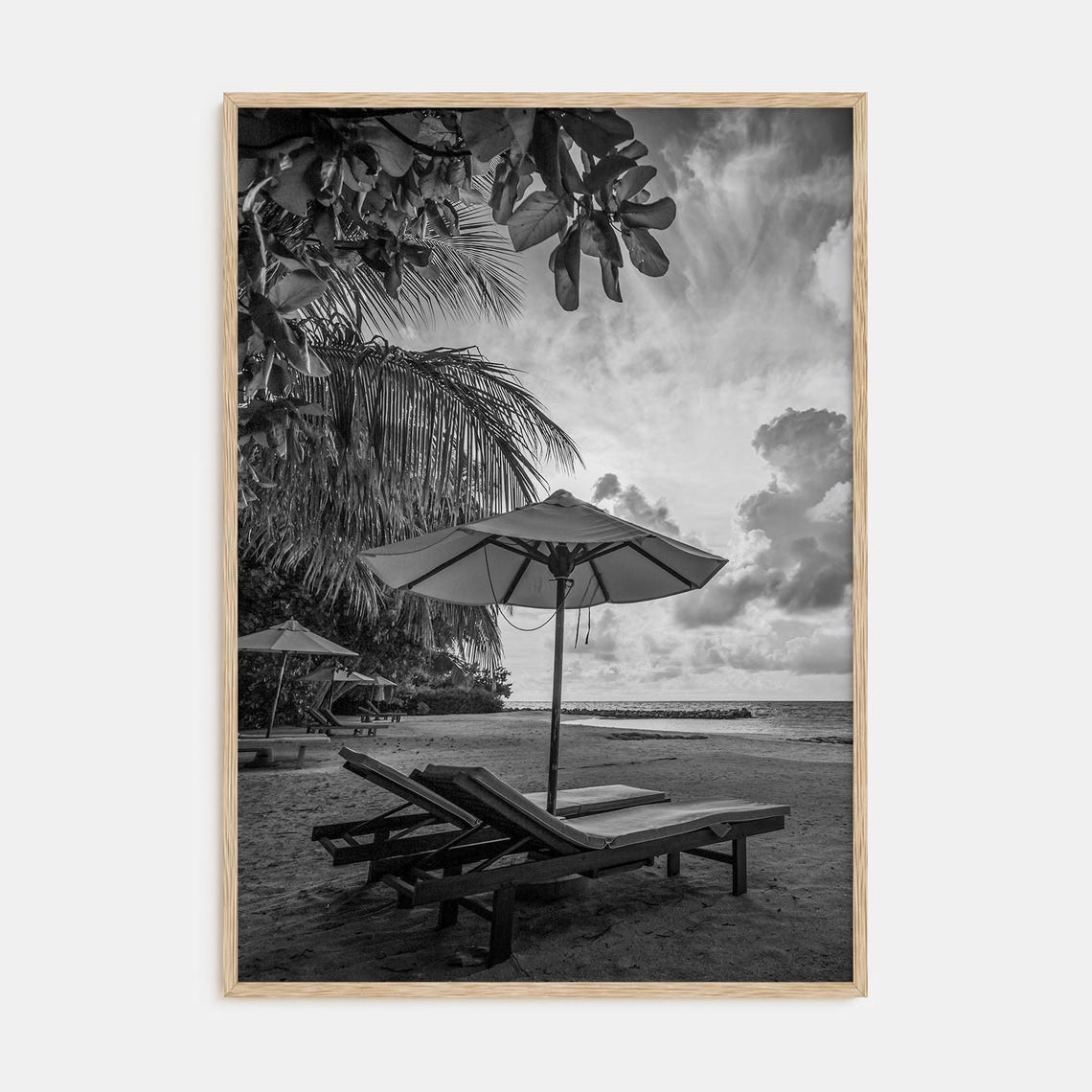Tropical Beach Loungers Under Umbrella Black and White Poster
