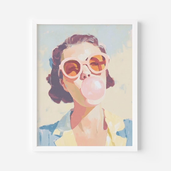 Retro Bubblegum Girl Print Pink Sunglasses Wall Art Pastel Pop Modern Vintage Portrait