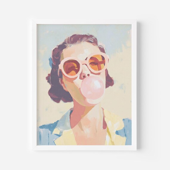 Retro Woman Blowing Bubblegum Pink Sunglasses Pastel Art Poster