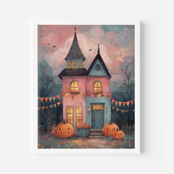 Whimsical Halloween House Art Print Pastel Haunted With Pumpkins Cozy Spooky