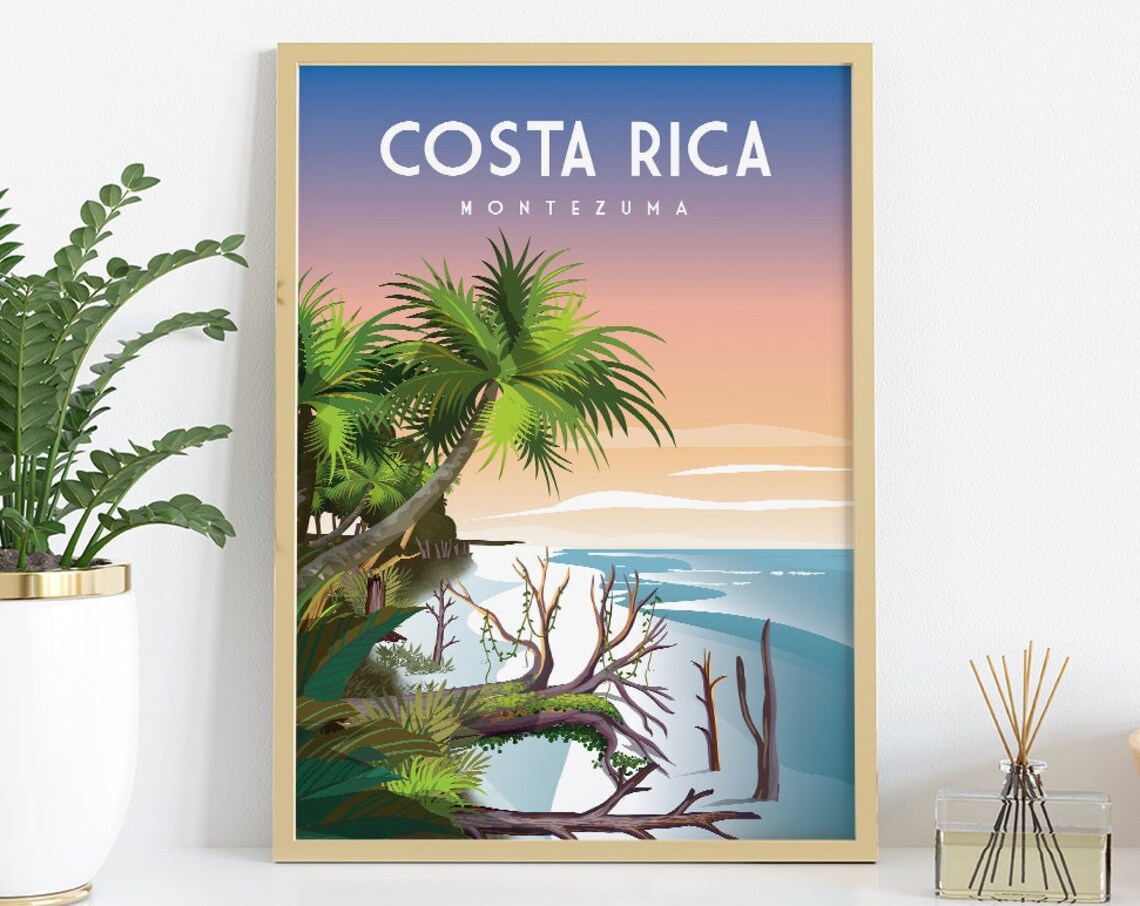 Costa Rica Montezuma Tropical Beach Driftwood Palm Travel Poster - Image 2
