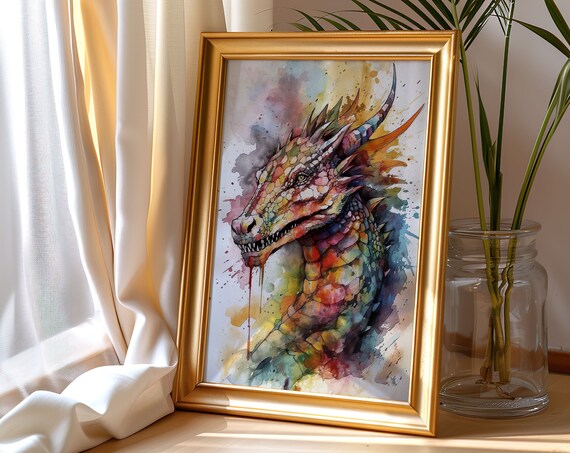 Dragon Painting Wall Art Poster Gift Watercolor Colorful Animal Painting Illustration Nature Wall Art Home Decor Print