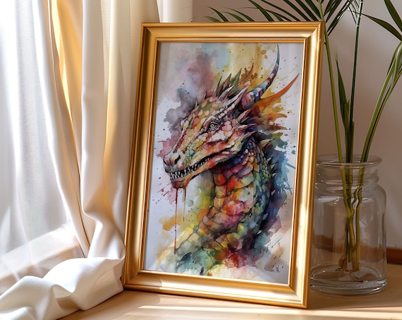 Dragon Watercolor Portrait Fantasy Creature Rainbow Art Poster