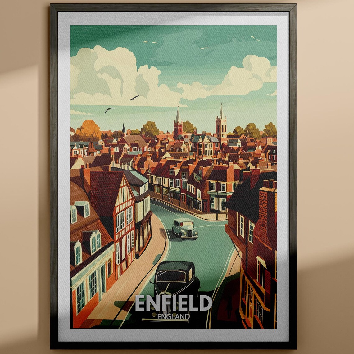 Enfield England Tudor Street Curve with Classic Cars Travel Poster