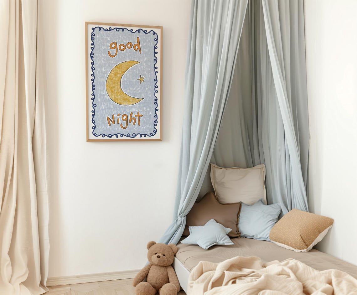 Good Night Nursery Art Handdrawn Kids Room Decor Print
