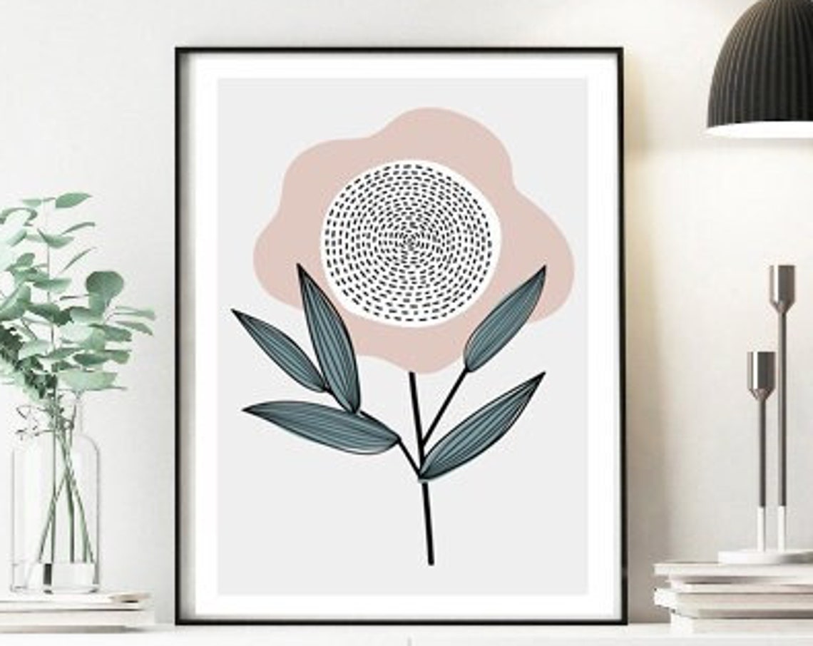 Boho Abstract Flower Blush Pink Teal Mid Century Modern Wall Art