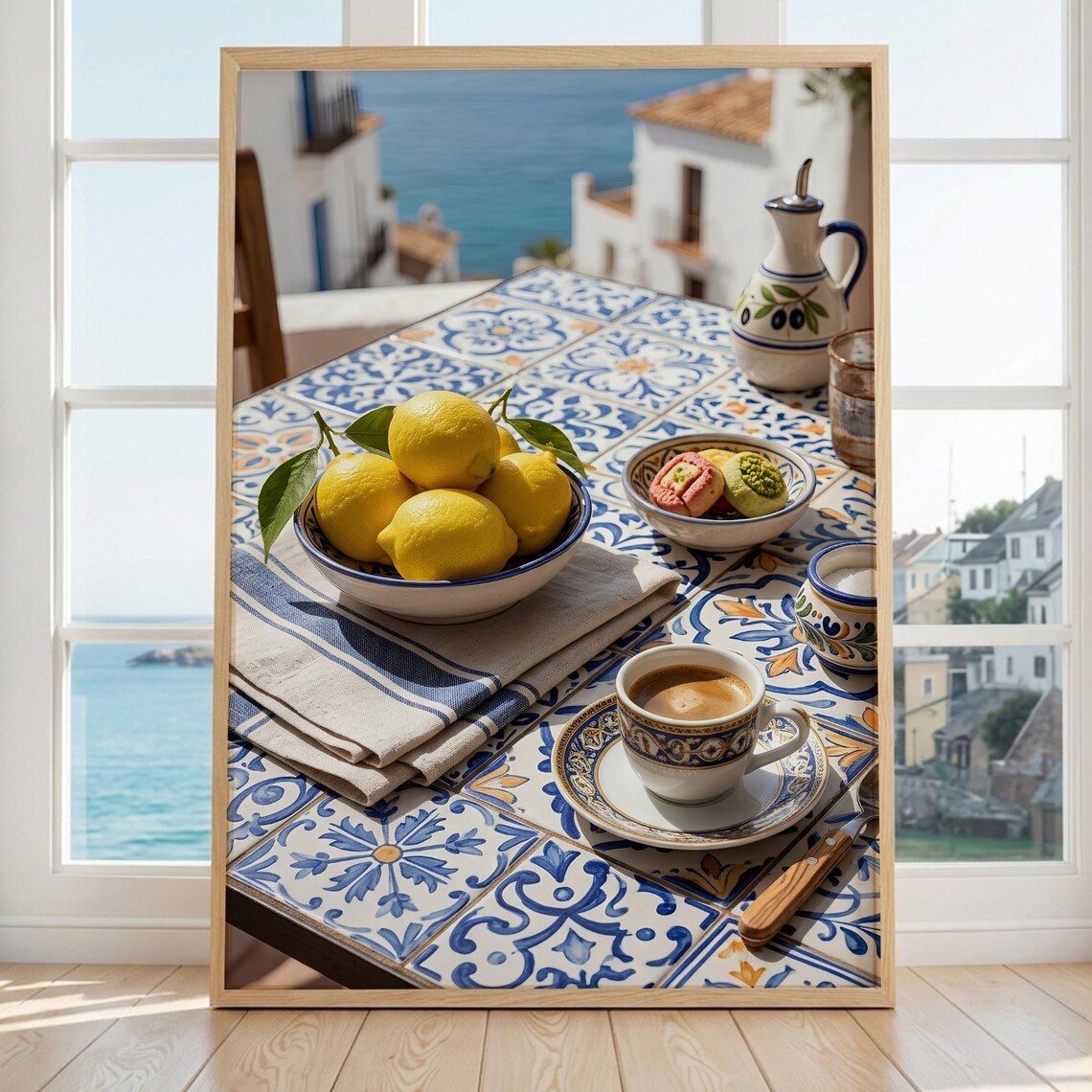 Mediterranean Kitchen Print Lemon Coffee Tiled Mosaic Coastal Decor Digital Download