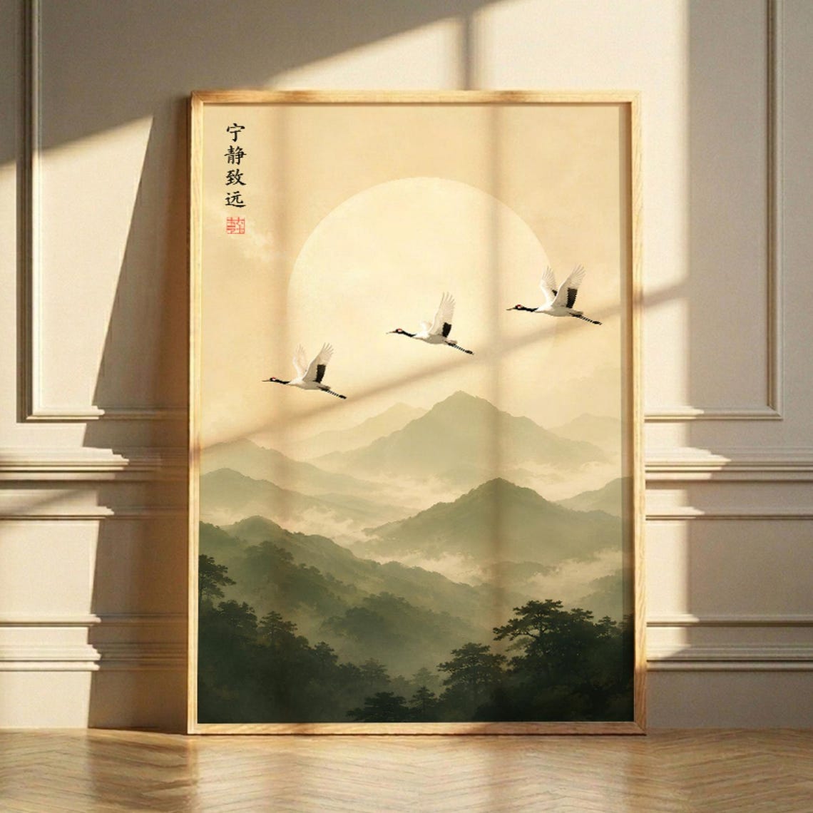 Japanese Crane Mountain Art Minimalist Landscape Print