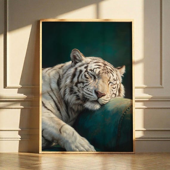 Sleeping White Tiger, Moody Wildlife Painting