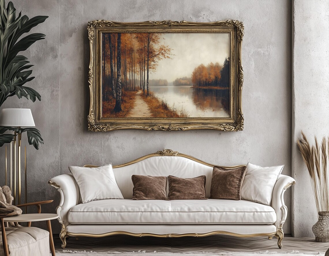 Autumn Birch Path Along Misty Lake With Golden Reflections Art Poster - Image 7