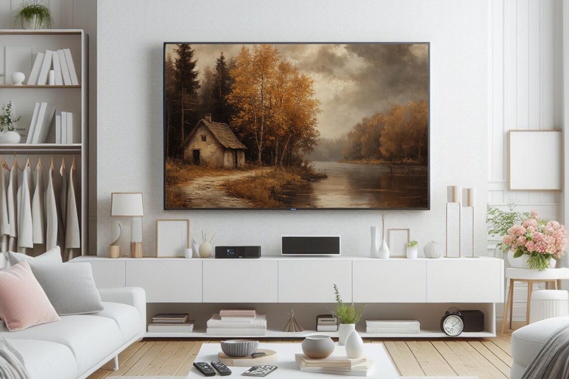 Misty Autumn Cottage Beside the Lake with Golden Birches Poster - Image 4