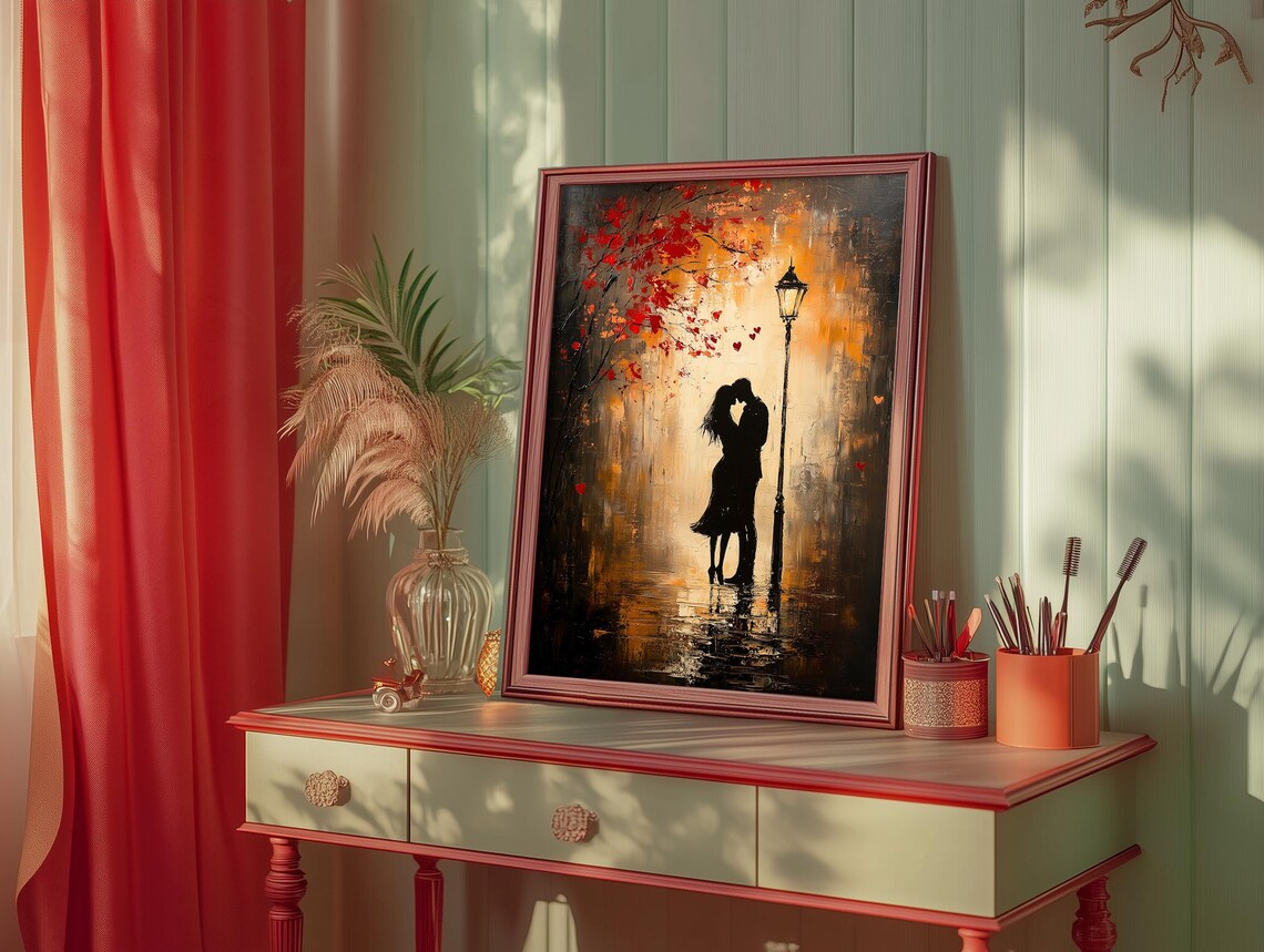 Romantic Kiss Under a Glowing Rainy Streetlamp Vintage Poster - Image 2