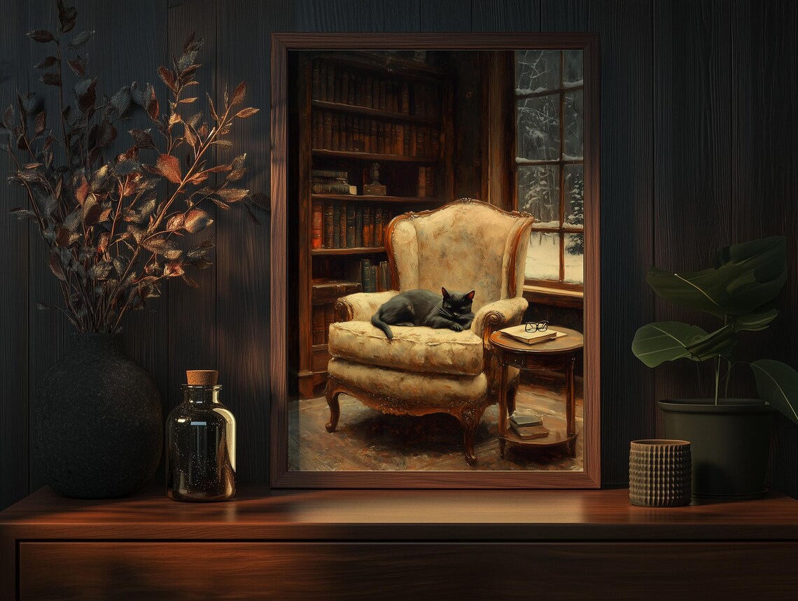 Black Cat Napping On Library Armchair By Snowy Window Vintage Art Poster - Image 5
