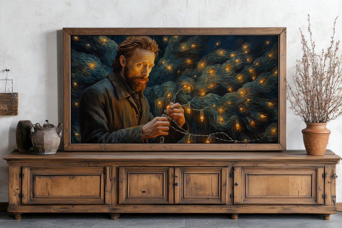 Father Hanging Christmas Lights on the Tree Holiday Art Poster - Image 2