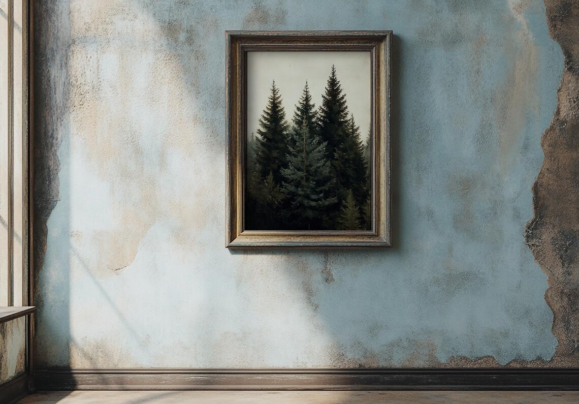 Dark Evergreen Pine Forest Moody Vintage Woodland Painting Poster