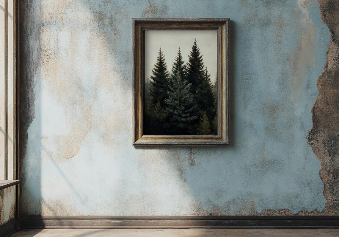 Vintage Forest Painting Rustic Pine Tree Wall Art Moody Dark Green Wall Decor Dark Academia Print 24