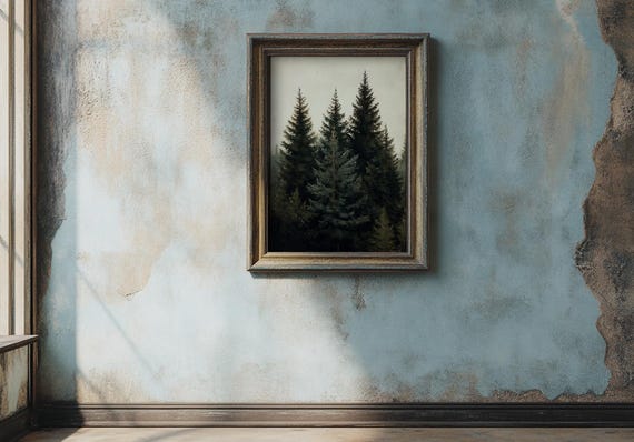 Vintage Forest Painting Rustic Pine Tree Wall Art Moody Dark Green Wall Decor Dark Academia Print 24