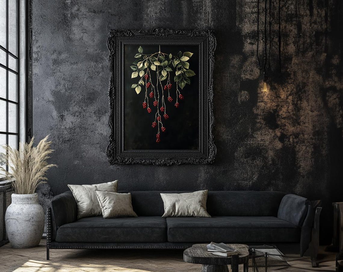 Cascading Dark Red Berries Botanical Branch Moody Art Poster - Image 2
