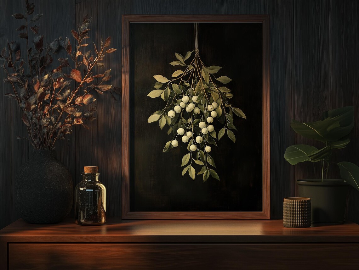 Hanging White Snowberries Branch on a Dark Ground Art Poster - Image 6