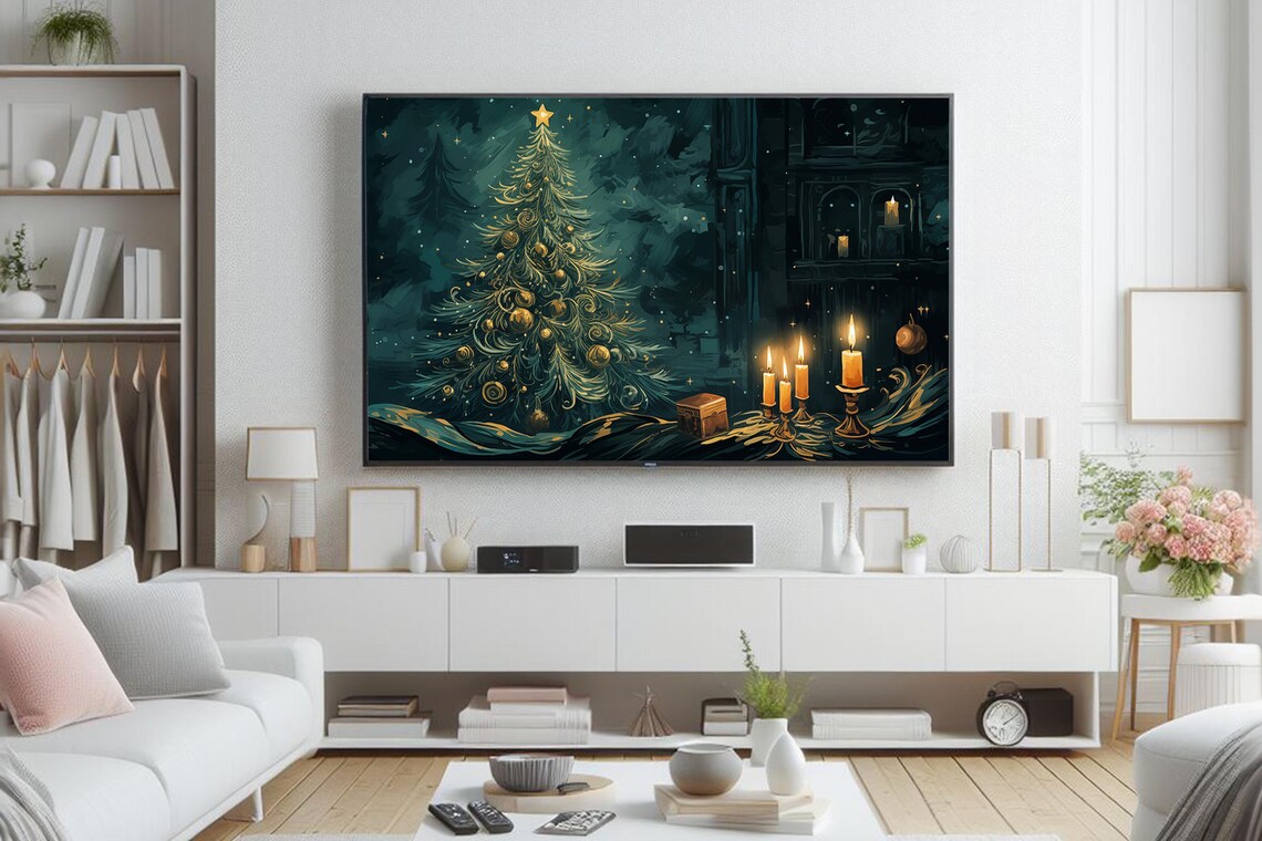 Christmas Still Life With Candles Small Tree Gifts And Moonlit Night Poster - Image 6