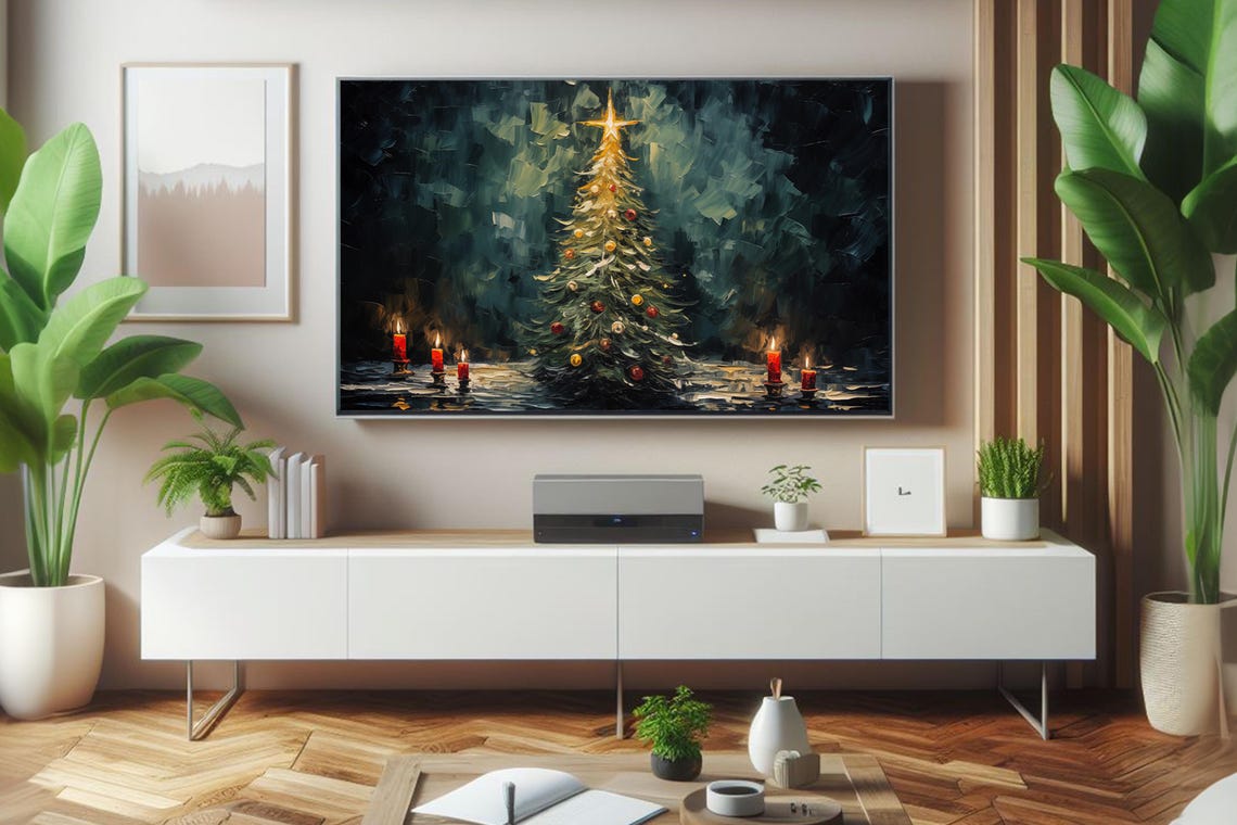 Impasto Christmas Tree With Glowing Star And Red Candles Night Poster - Image 5