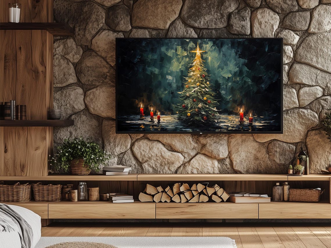 Impasto Christmas Tree With Glowing Star And Red Candles Night Poster - Image 4