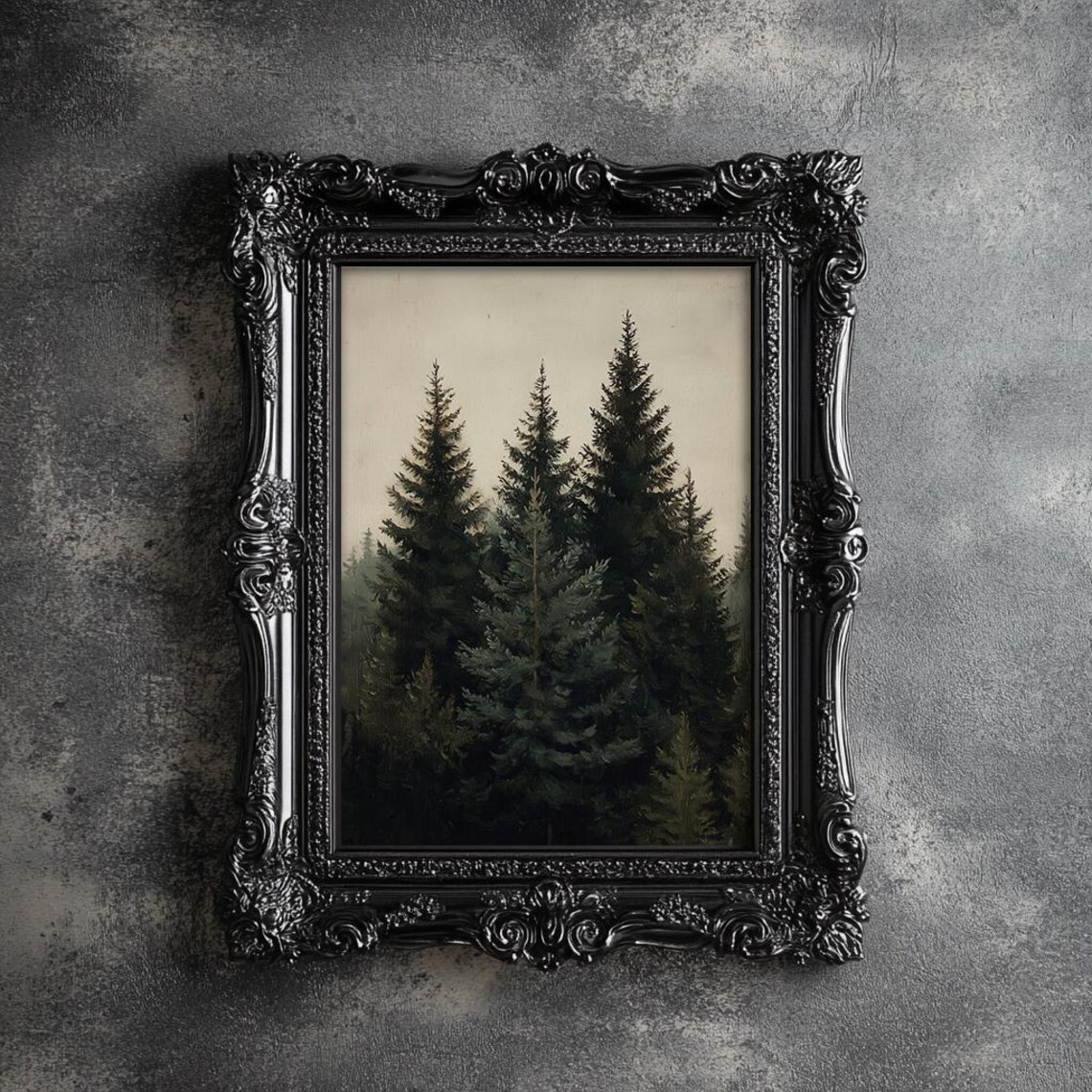 Dark Evergreen Pine Forest Moody Vintage Woodland Painting Poster - Image 4